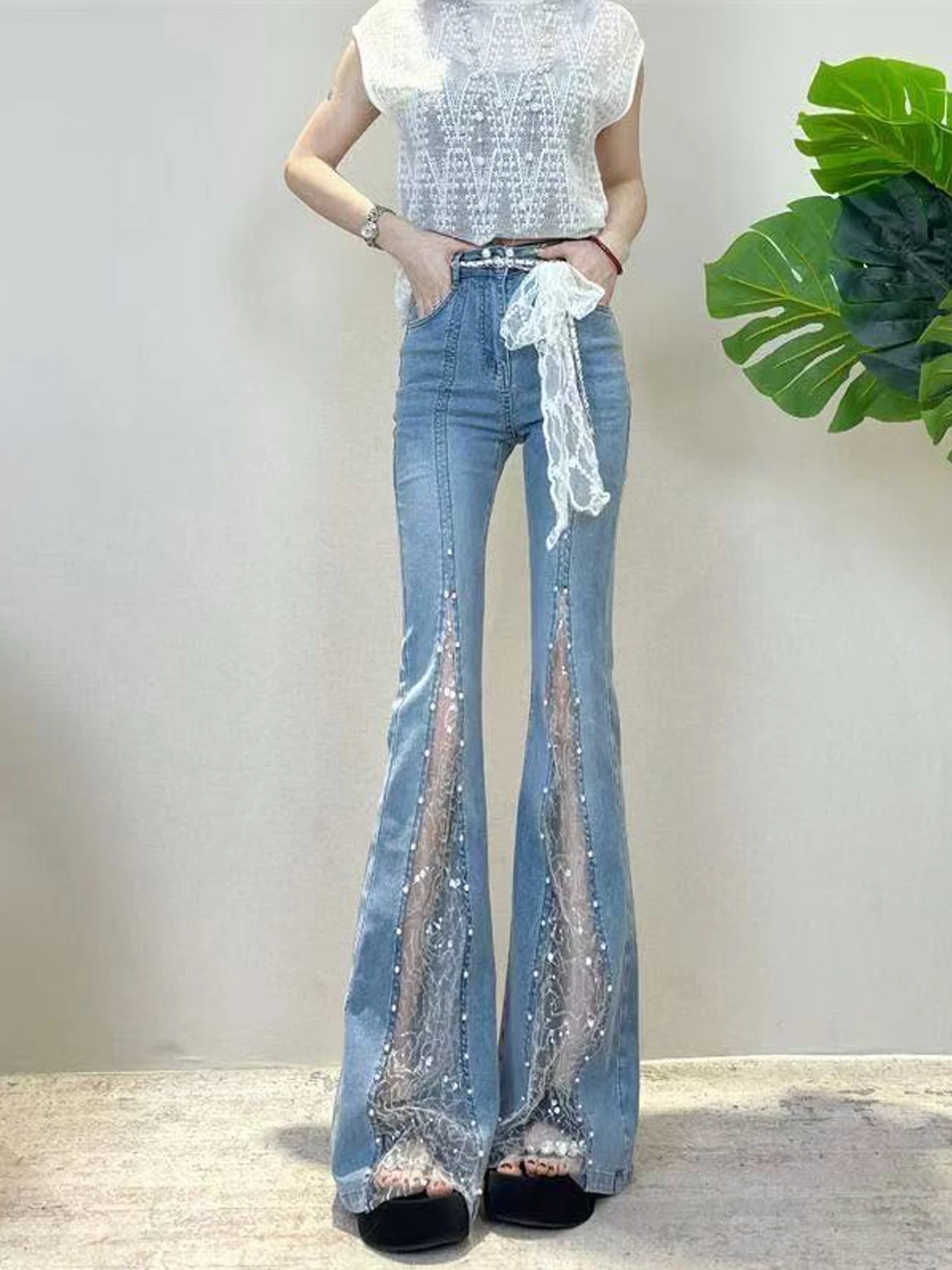 American Style Retro Lace Splicing Micro Flared Denim Pants Women's New Autumn Glitter Slimming High Waist Bell Bottoms