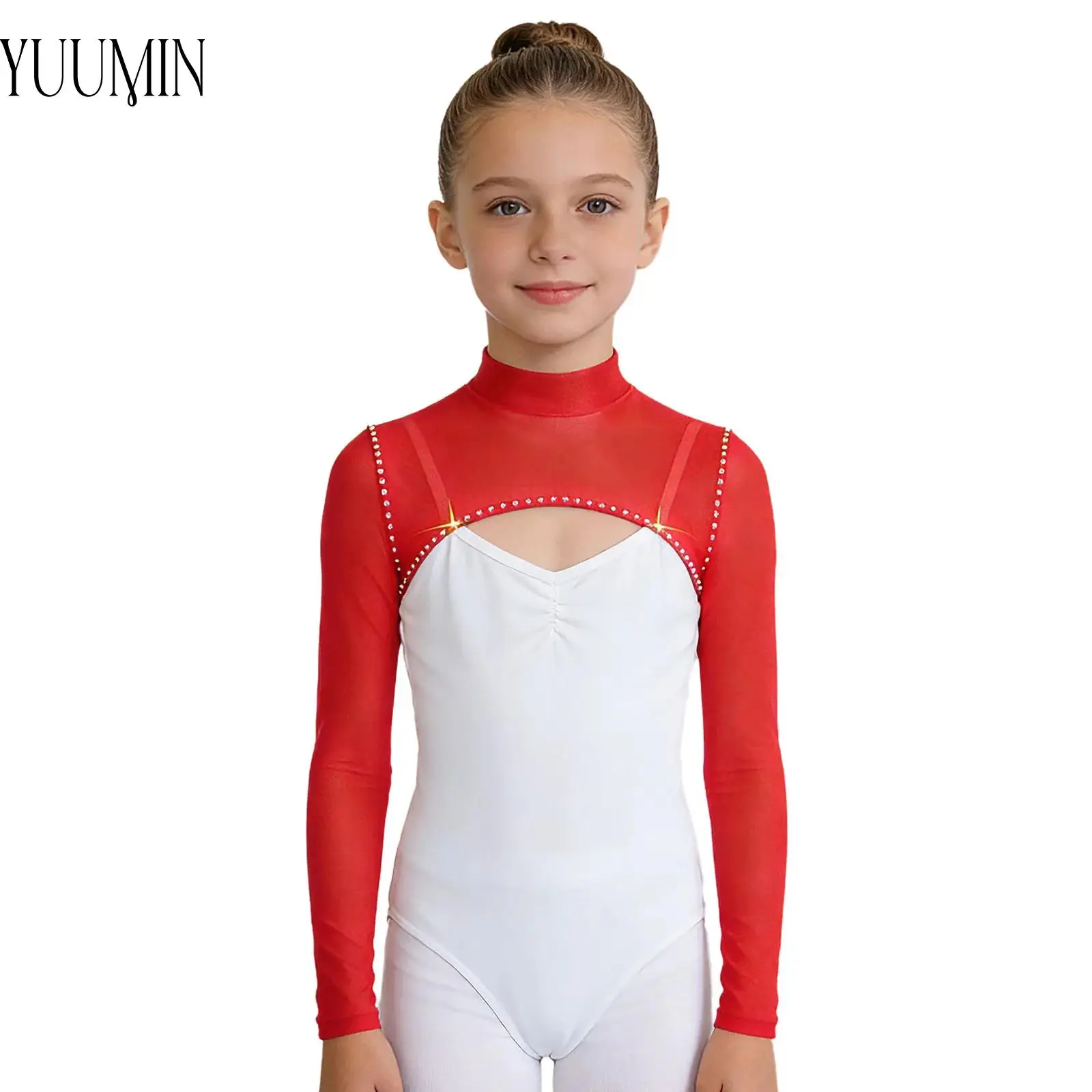 

Kids Girls Mesh Dance Shrug Long Sleeve Shiny Rhinestones Crop Top for Skating Gymnastics Ballet Dance Performance Competition