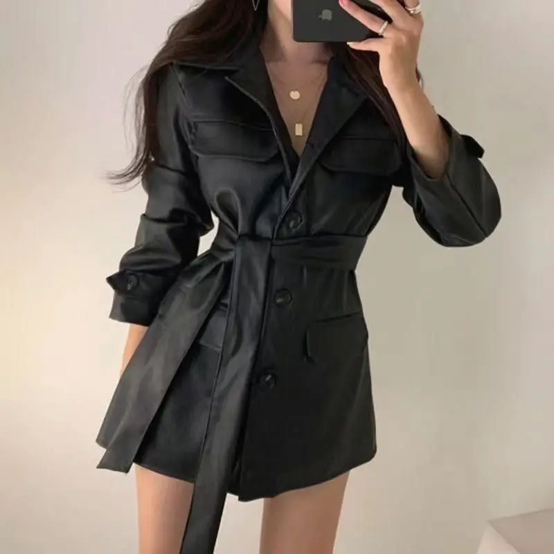 Women Faux Leather Coats Mid Length Jackets Solid Lace Up Button Pocket Turn Down Collar Long Sleeves Casual 2026 Autumn Winter