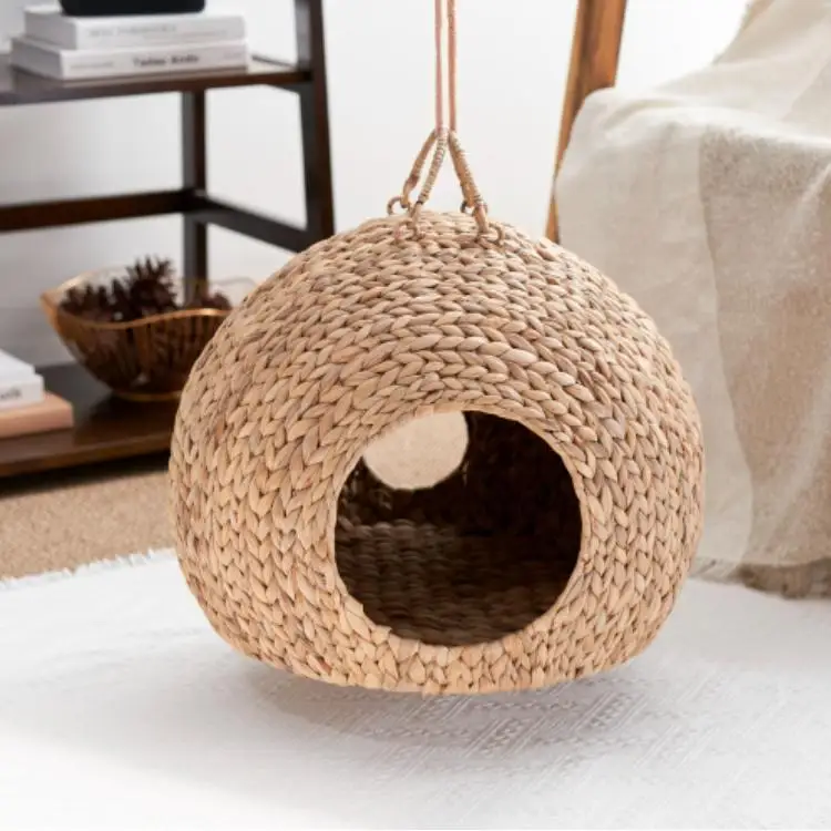 Natural fiber woven cat house environmentally friendly and breathable design, modern style solid wood rattan cage