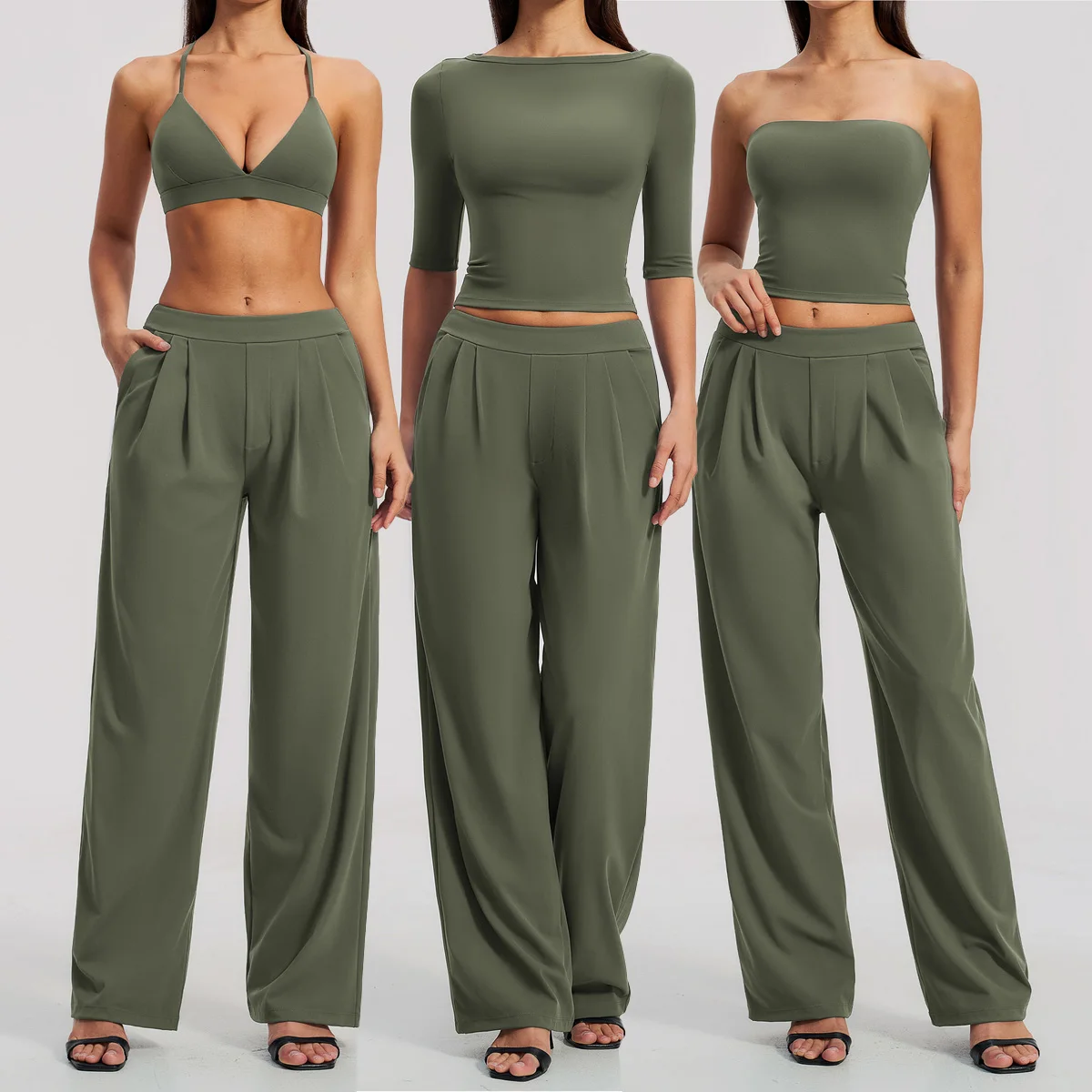 Yoga Set 2 Piece Fitness Suit Women Running Workout Gym Clothing Outfits Sportswear Tracksuit Mid Sleeve Crop Top Wide Leg Pants