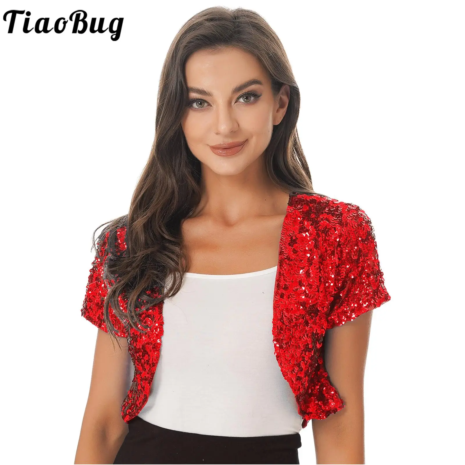 

Women Retro Short Sleeve Cropped Coat Shiny Sequin Bolero Shrug Cardigan Jacket Glitter Waistcoat Stage Performance Outwear