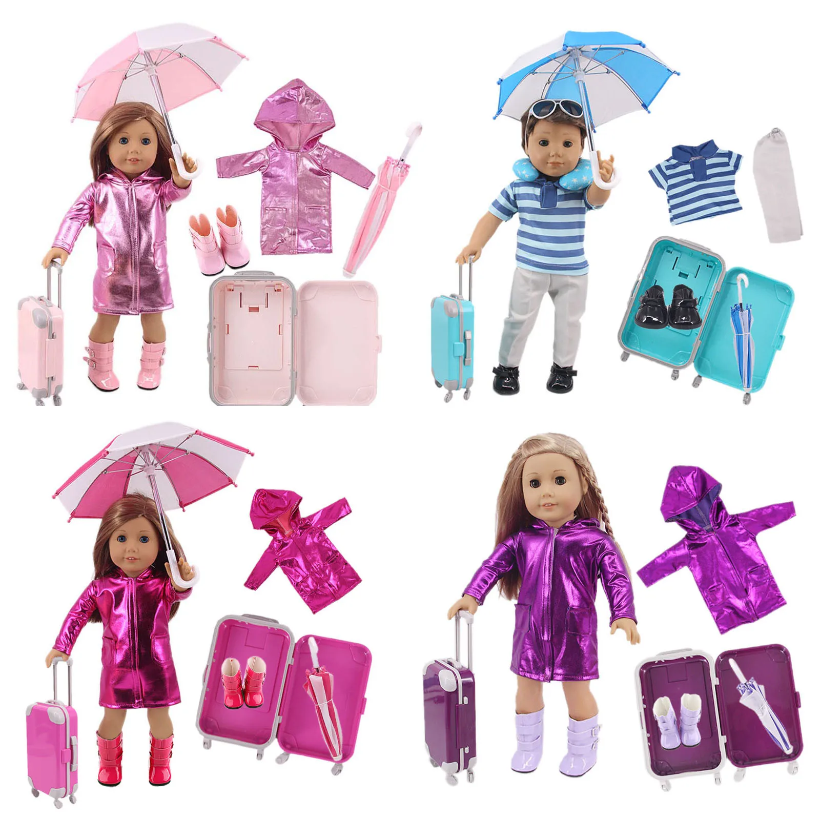 Reborn Doll 4pcs/Set=Raincoat+Umbrella+Rain Boots+Suitcase Fit 18 Inch American&43 CM Reborn New Born Baby Doll Girl's Toy Gifts