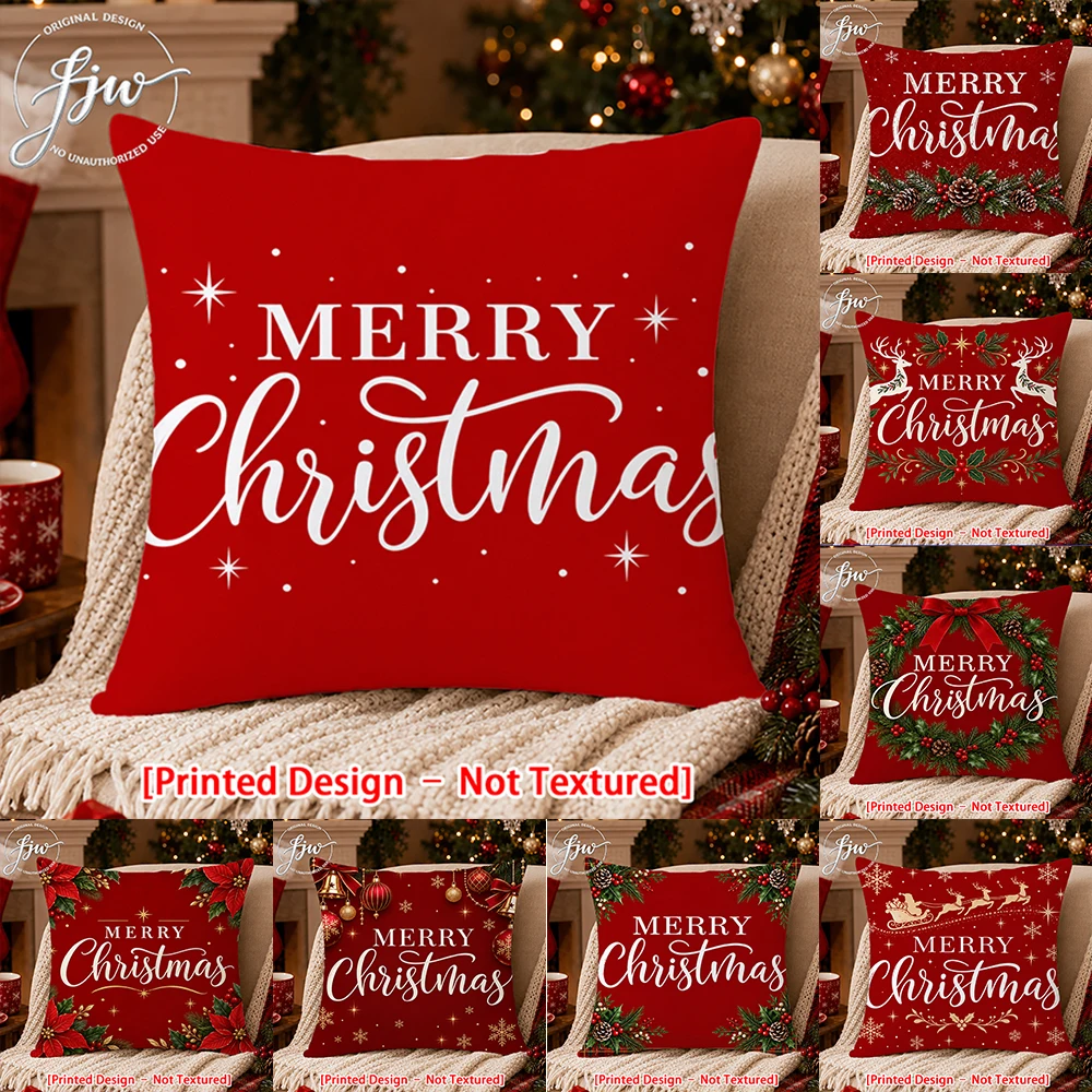 1pc Christmas Throw Pillow Covers, Red Merry Christmas Farmhouse Holiday Cushion Cases for Sofa Bedroom Decor
