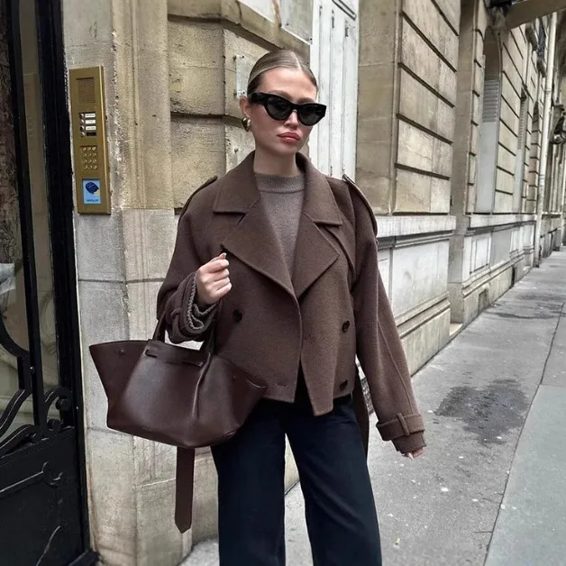 

Belts Double Breasted Women's OverCoat Elegant Laple Pocket Full Sleeve Female Coat 2025 Autumn Winter Fashion New Lady Outwears
