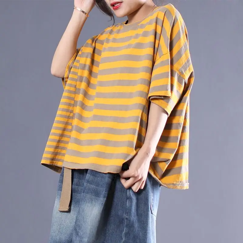 Oversized T Shirts Women Fashion Stripe Yellow T-shirt Casual Loose Short Sleeve Tops 2024 Summer Trend Oversized Tshirt Y2k Top