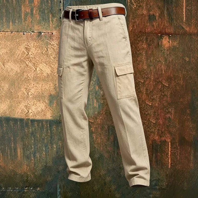 Spring and Autumn Cotton and Linen Men's Trousers European and American Casual Multi-pocket Solid Color Loose Overalls Men