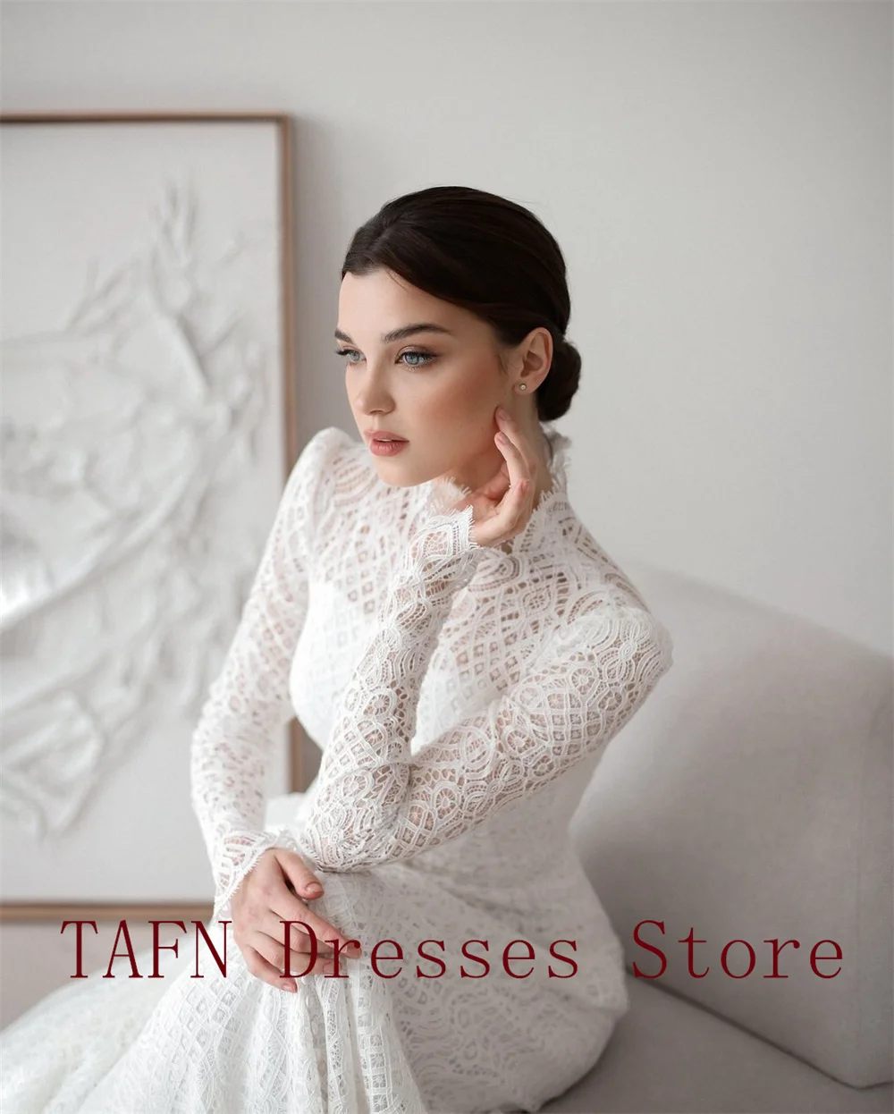 TAFN Modest Wedding Dresses Lace High Collar Full Sleeves Bridal Gown Button A-line Sweep Train Bride Weding Party Gowns