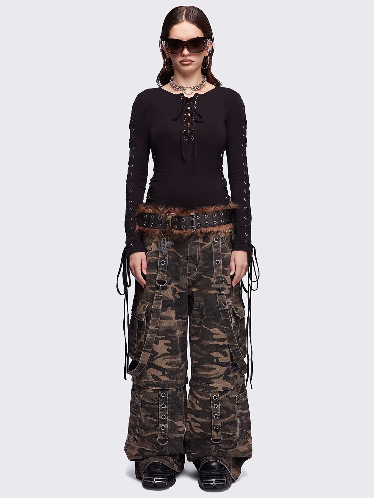 

Minga Camouflage Loose Straight Leg Workwear Jeans Detachable High Waist Wide Leg Pants Casual Cotton Trousers for Women