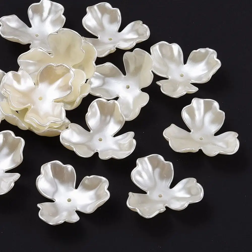 

20 pcs 3-Petal Flower ABS Plastic Imitation Pearl Bead Caps Creamy White for Making DIY Jewelry Earring Bracelet Finding