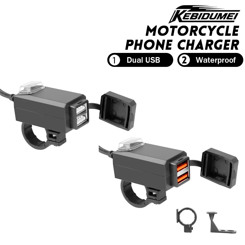 

KEBIDUMEI Motorcycle Charger with Switch Waterproof QC3.0 Handlebar Socket Dual USB Power Supply Adapter Motorcycle Accessories