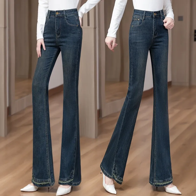 

High Waist Slim Fit Denim Jeans Women's Spring Autumn Faion Straight Leg Elastic Micro Flared Tassel Detail Cotton Blend