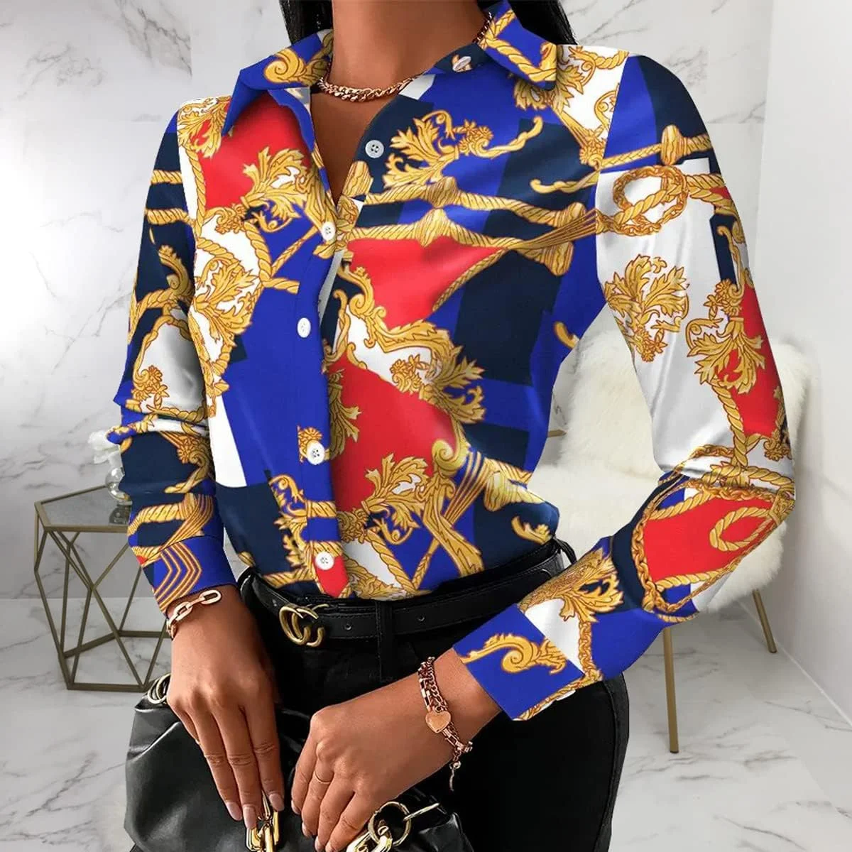 2026 New Beautiful Women's Retro Long Sleeve Lapel Shirt Color Block Chain 3D Printed Shirt Street Commuting Top Fast Shipping