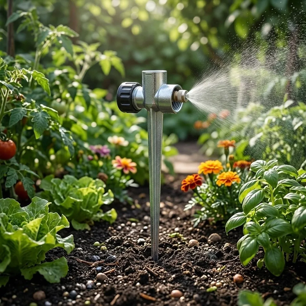 Zinc Alloy Sprinkler Nozzle Designed for For lawn Irrigation Featuring Spike Base Stability and Standard Hose Interface