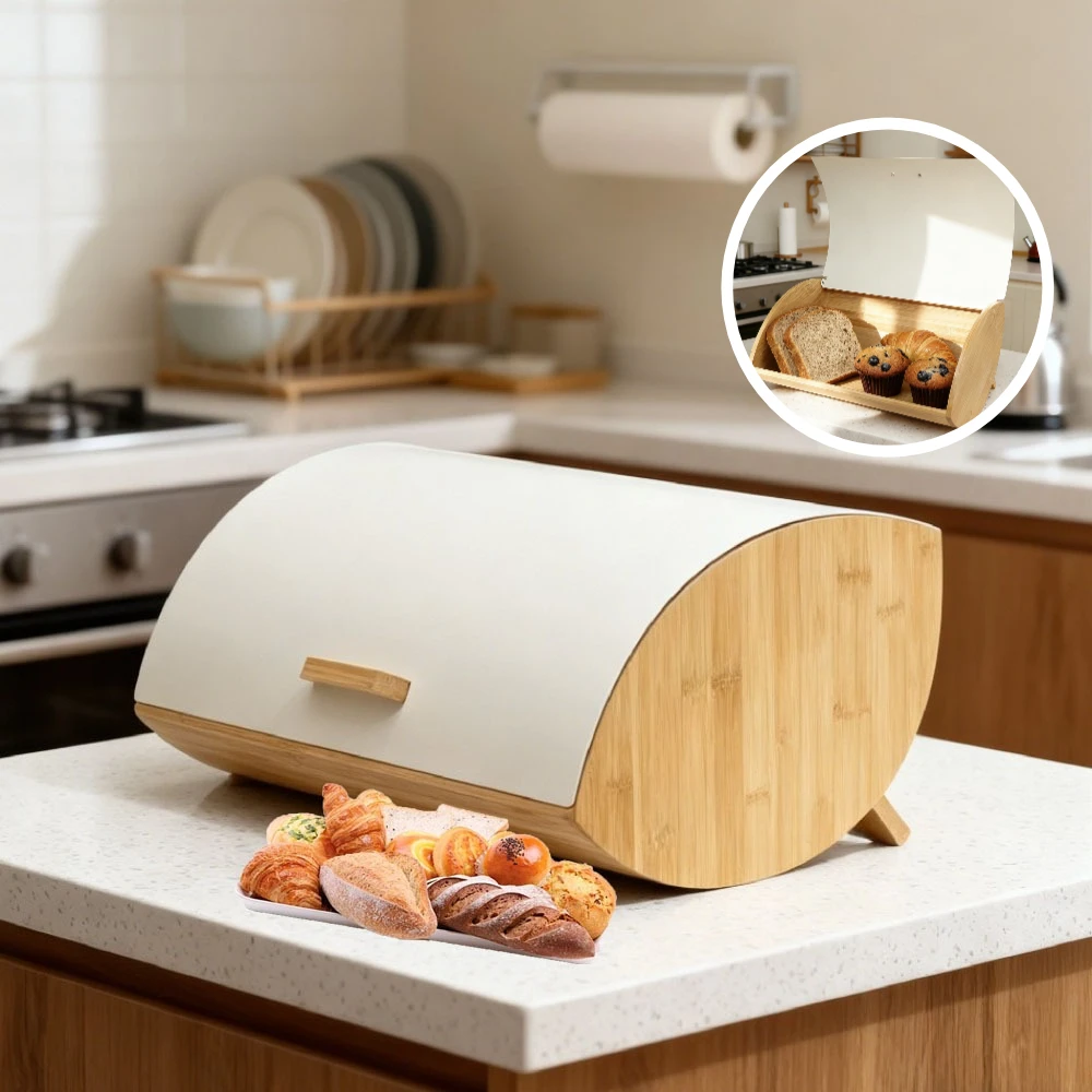 

Modern Bread Box for Kitchen Countertop Bamboo Storage Container with Stainless Steel Lid for Homemade Food Kitchen