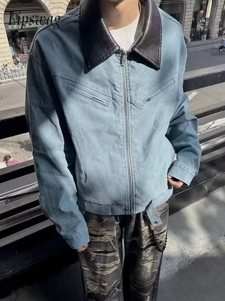 

Vintage Leather Lapel Patchwork Jackets Men Streetwear Fashion Slim Zip-up Jacket Coat Streetwear Mens Autumn Casual Outerwear