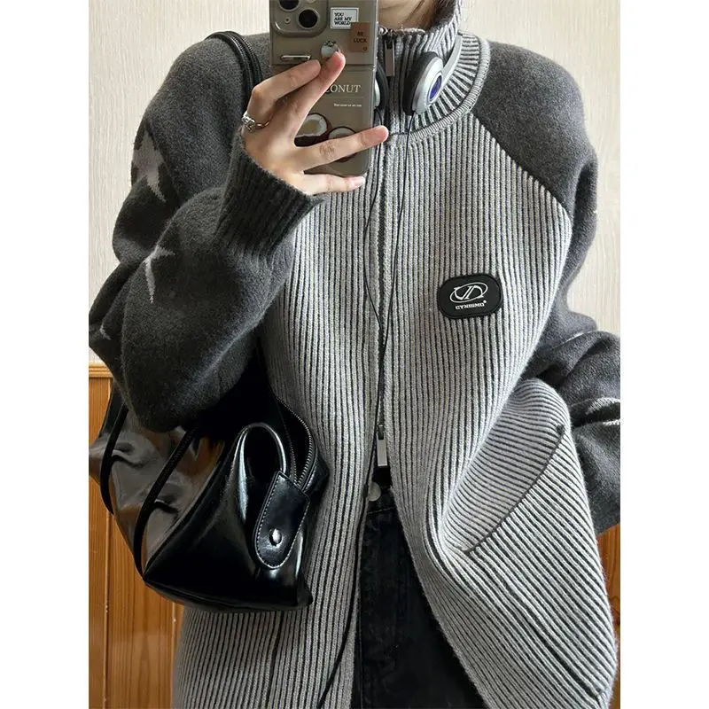 Zipper Sweater Couple\'s Wear Autumn and Winter New Outerwear Loose Temperament Lazy Style Contrast Color Knitted Cardigan