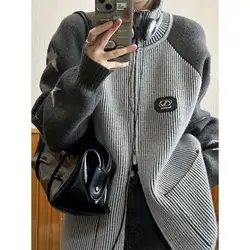 Zipper Sweater Couple's Wear Autumn and Winter New Outerwear Loose Temperament Lazy Style Contrast Color Knitted Cardigan