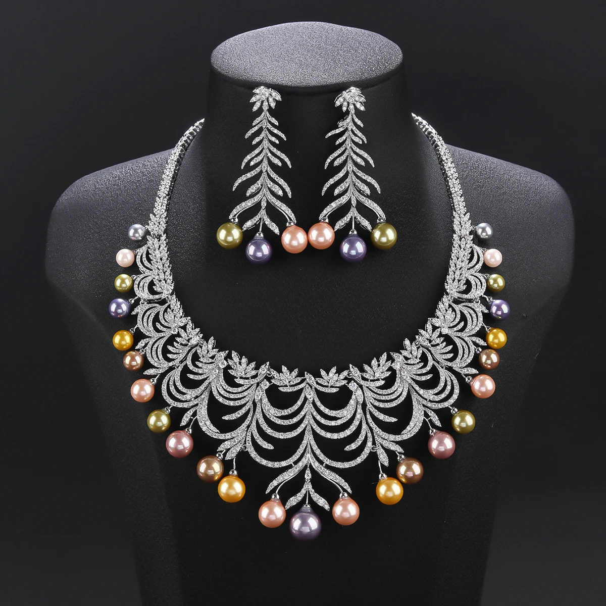 Luxury Colors Pearl Necklace Earring Set White Cubic Zirconia Wedding Bridal Party Jewelry Sets For Women CN11594