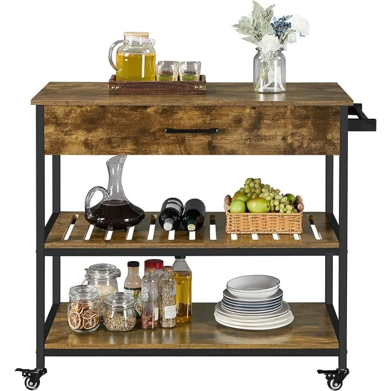 

Kitchen Island on Wheels with Storage Drawer, 3-Tier Rolling Kitchen Cart with Towel Rack & Lockable Wheels for Dining Room