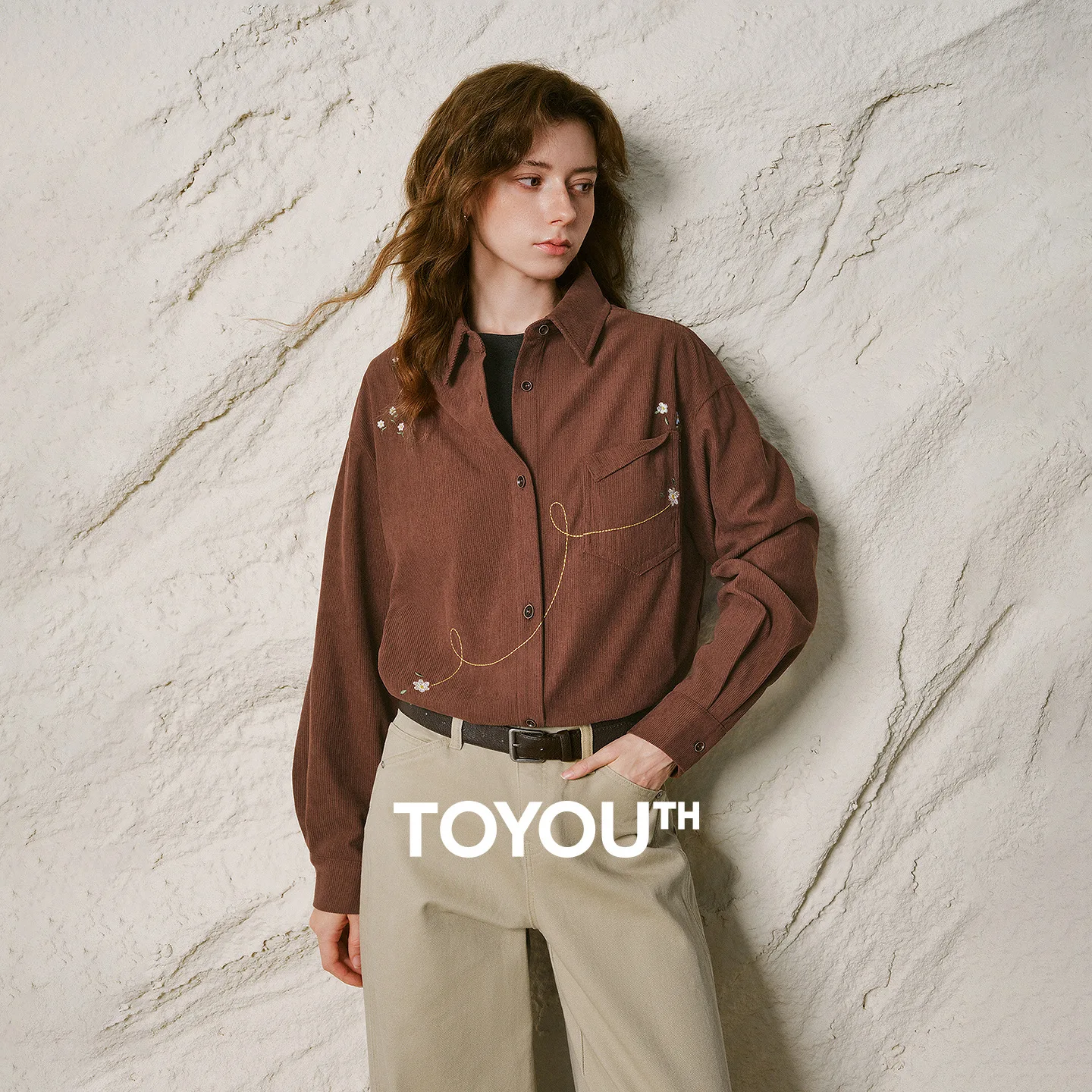 TOYOUTH Women Corduroy Shirt 2026 Winter New Colorful Floral Embroidery Nut Brown Retro Top