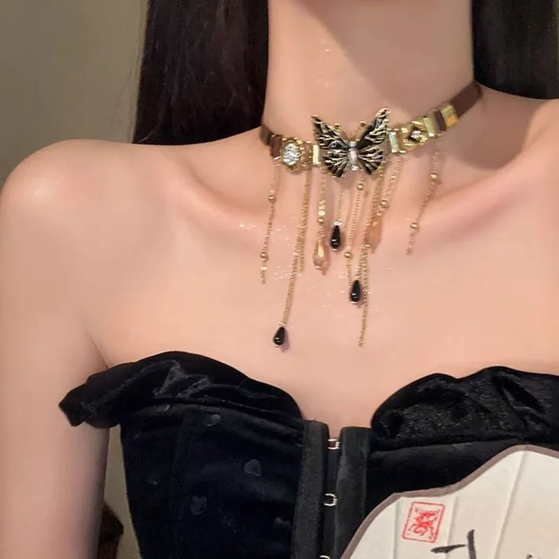 Butterfly tassel leather necklace, women's light and luxurious unique design, versatile collar, collar chain, student style