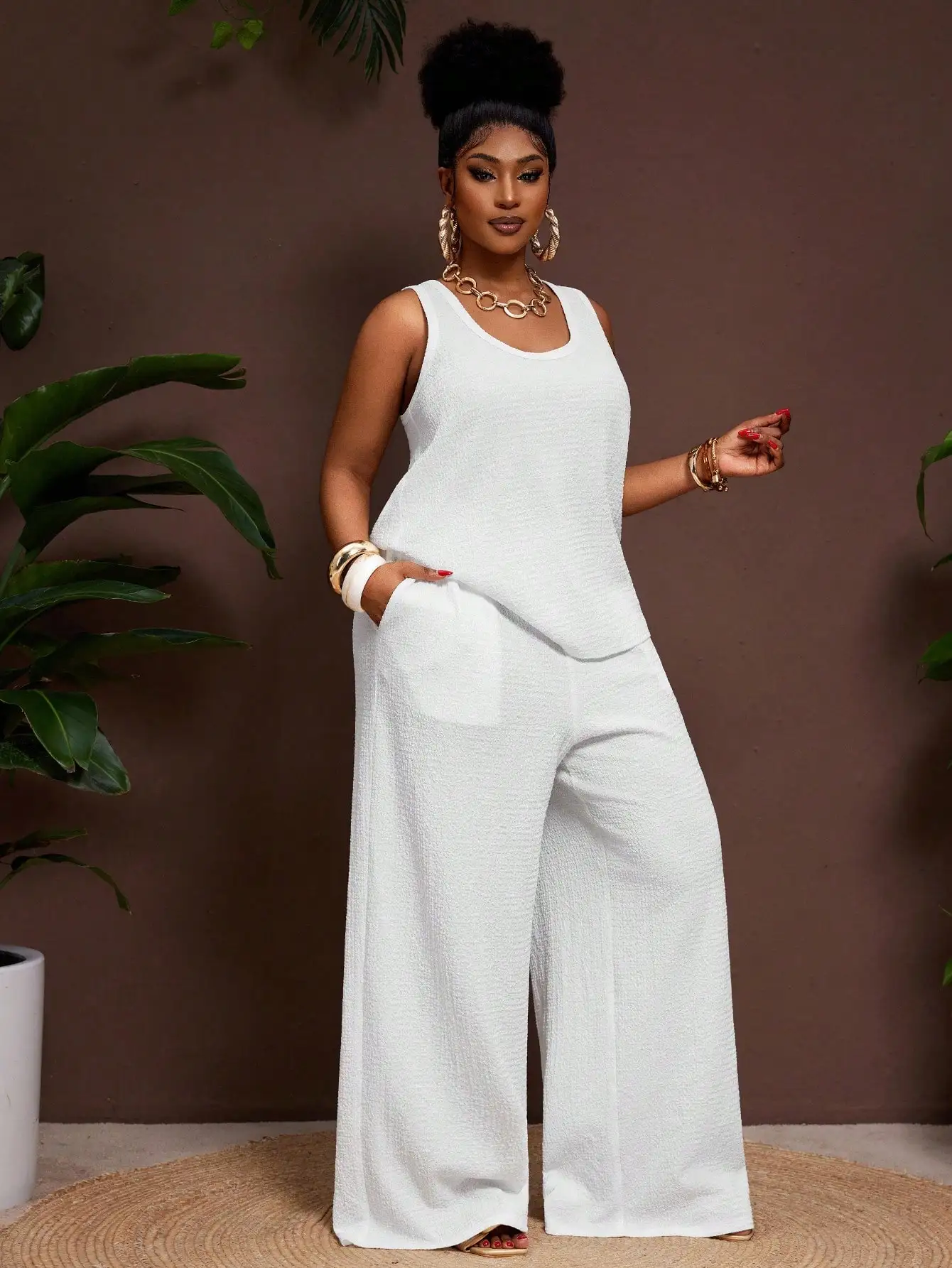 

White Two Piece Set Sleeveless Top Wide Leg Pants Casual Lounge Set