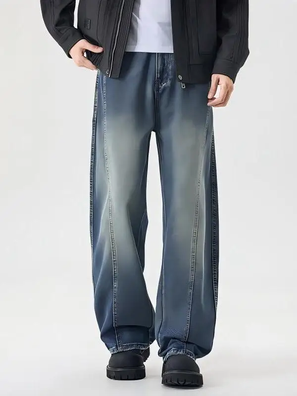 Loose Fit Vintage Street Workwear Jeans Men's Autumn Washed Multiple Pockets Wide Leg Soft Comfortable Breathable Denim Pants