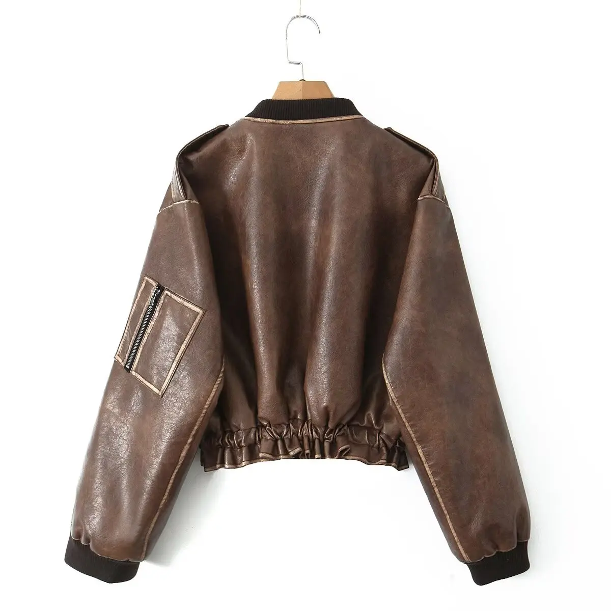 The Spice Girls Blouson aviateur en cuir PU pour femme, manches longues, fermeture éclair, lavage rétro américain, marron, Y2K, Aadt Oupillar