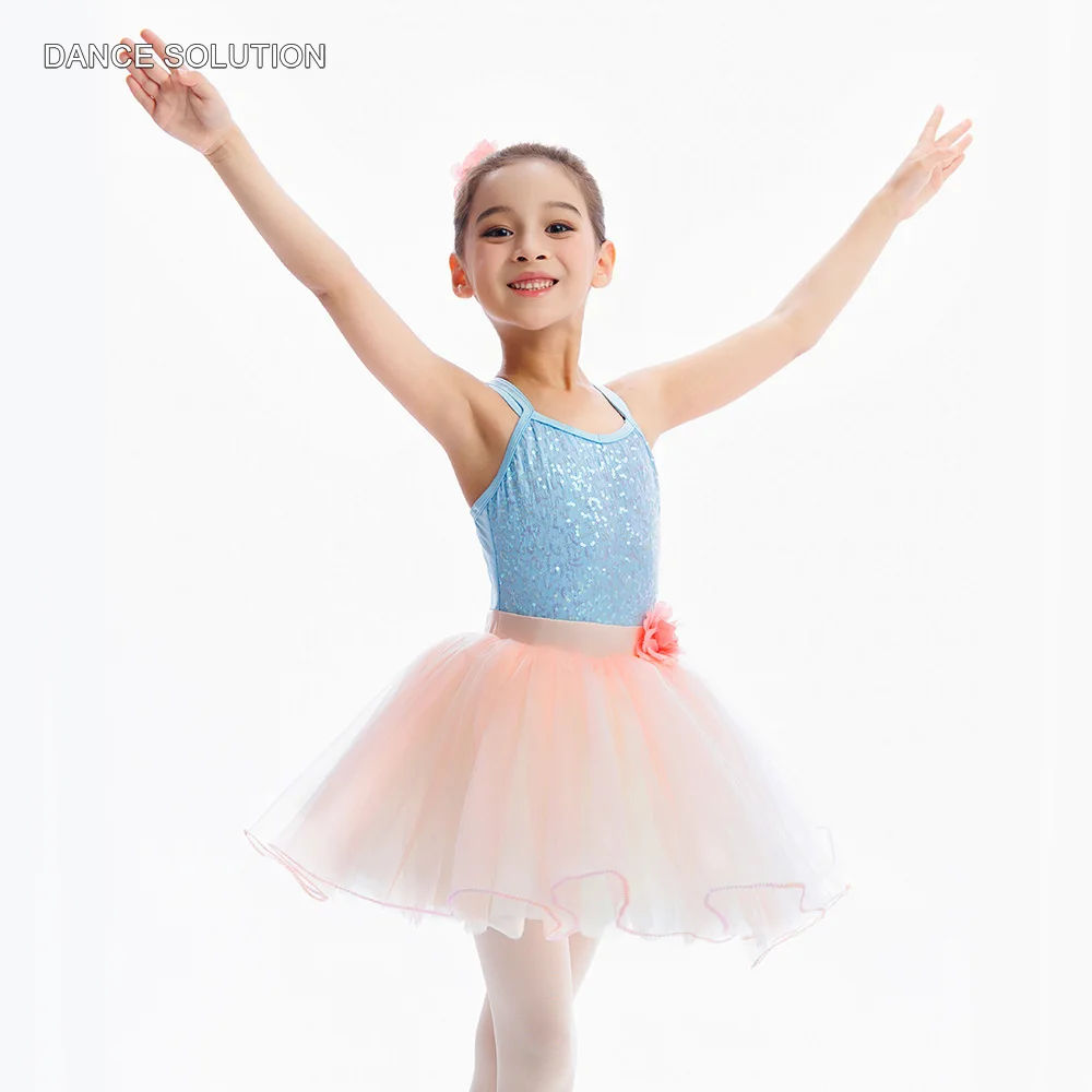Child & Kids Ballet Performance Tutu C25020 Pale Blue Sequin Spandex Bodice with Pale Pink& Ivory Tulle Skirt