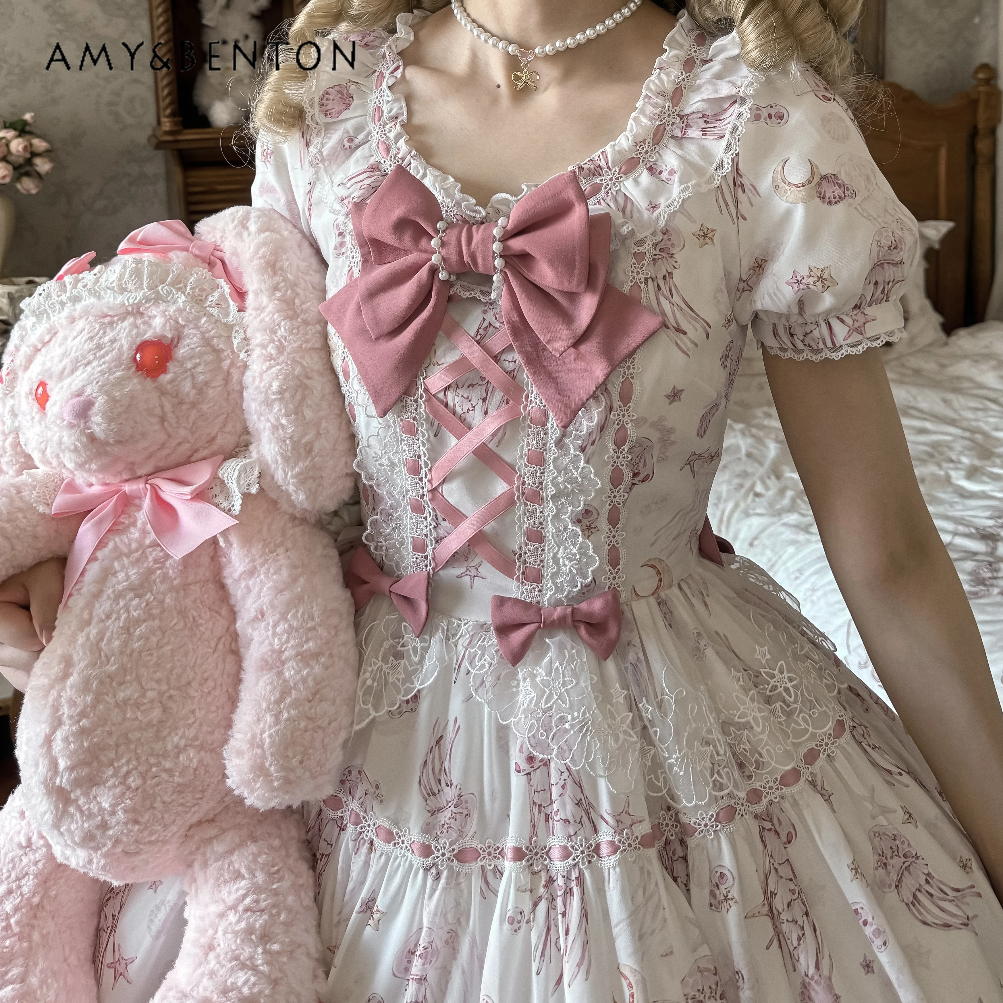 Vestido elegante estilo hada Lolita Puff estilo Pastoral Vintage princesa JSK vestido dulce lindo arco ajustado vestido de longitud media para mujer