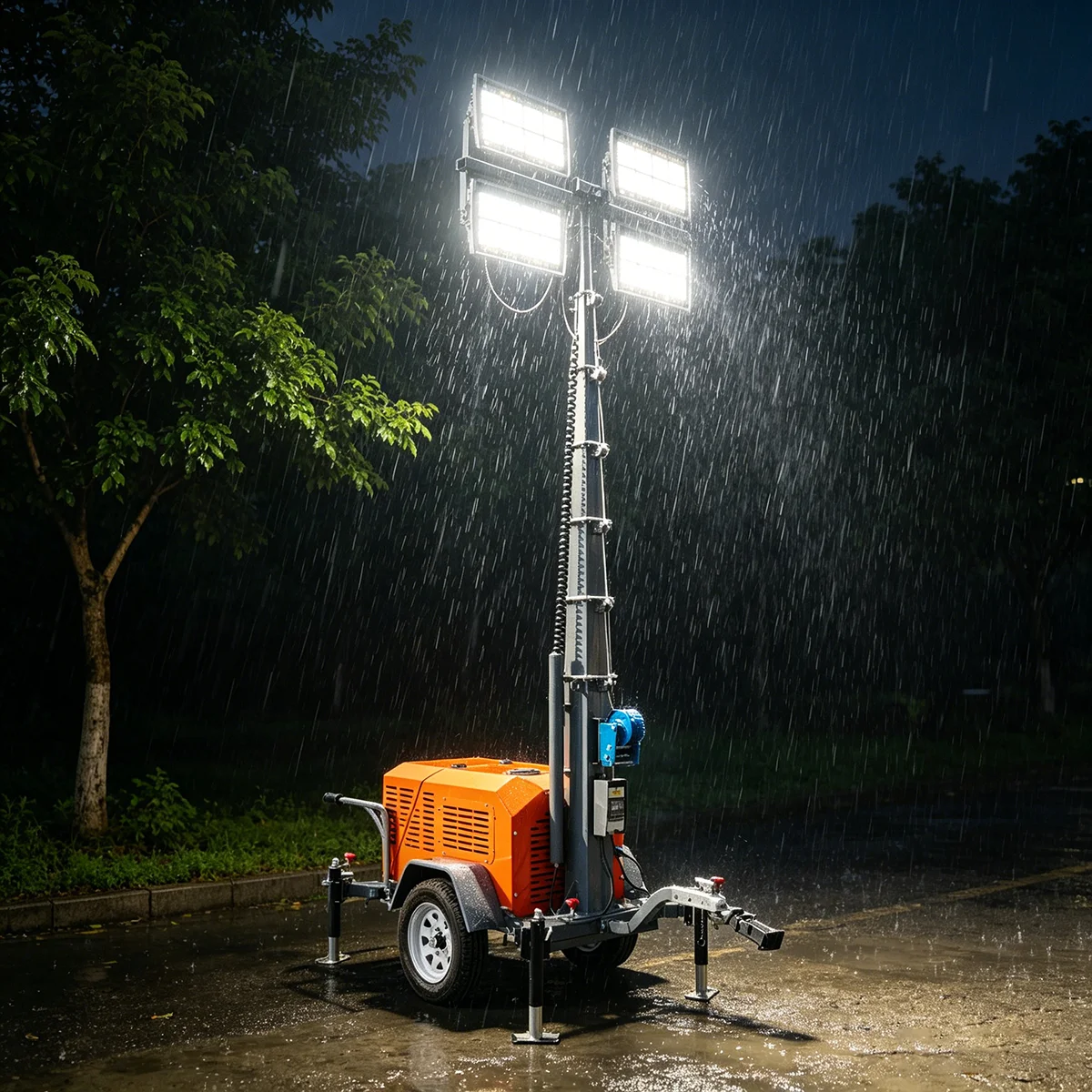Mobile Lighting Tower Wheeled Portable Light Mast 360° Rotatable Lamps Weather Use Emergency Rescue Outdoor Lighting Equipment