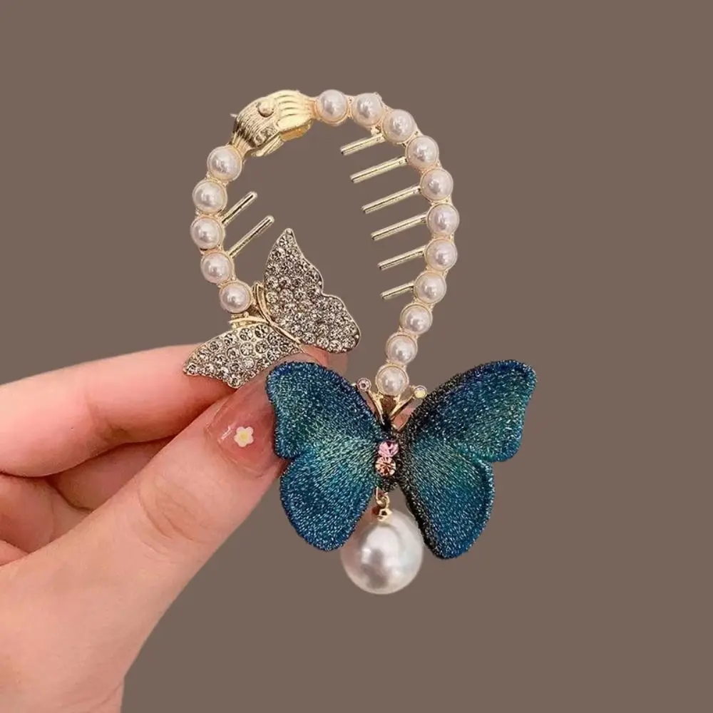 Presilha de cabelo com borla de flor, estilo chinês, corrente de pérolas, rabo de cavalo alto, presilha borboleta para a parte de trás da cabeça._voghion.com