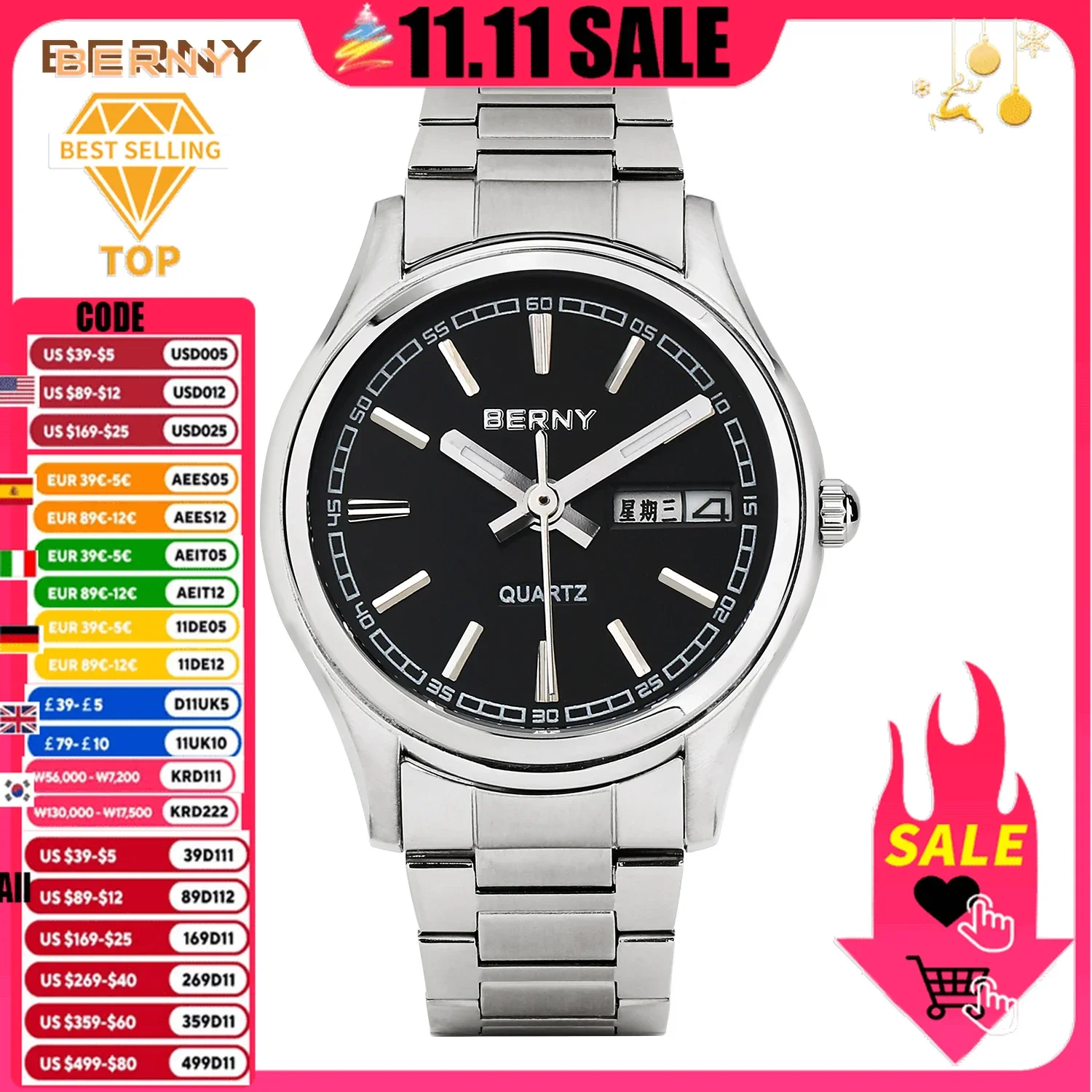 

BERNY Luxury Quartz Watch for Men Ultra-thin Japan Movement Stainless Steel Calendar Dress Waterproof Simple Male Wristwatch