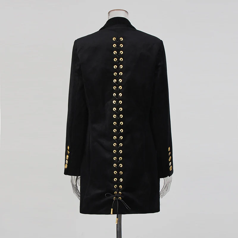 CHICEVER معطف أسود عتيق بأشرطة مرقعة للنساء مع طية صدر السترة وأكمام طويلة وأزرار مقسمة سترة مخملية موضة نسائية جديدة