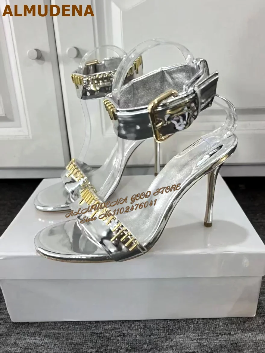 Gold Metal Studded Decoration Thin Stiletto Heel Sandals Sexy Women Ankle Wrap Strap Shoes Golden Metal Embellished Heels