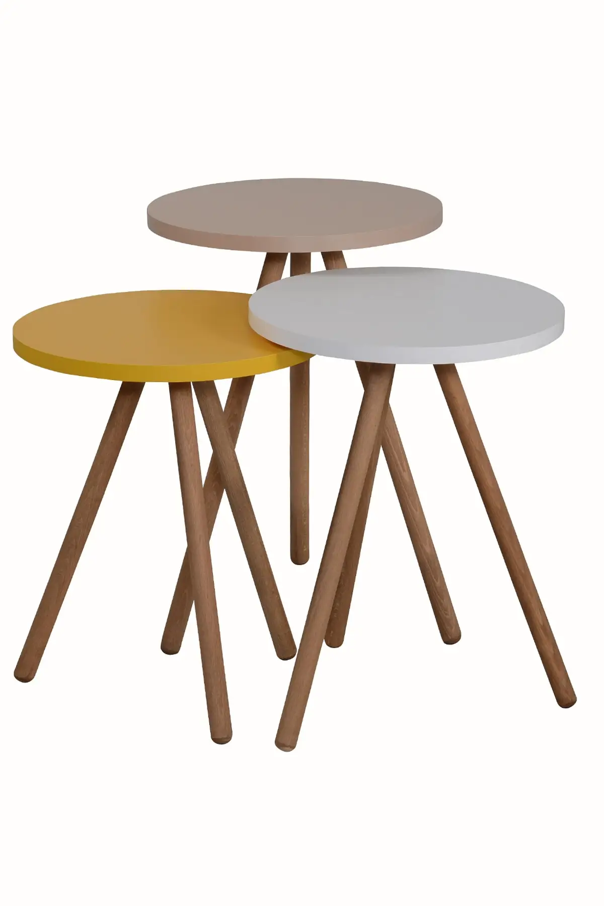 DOLBOVI Color Triple Zigon Coffee Table Wood Pedestal Round Pastel Design Yellow White Cappuccino Coffee Table