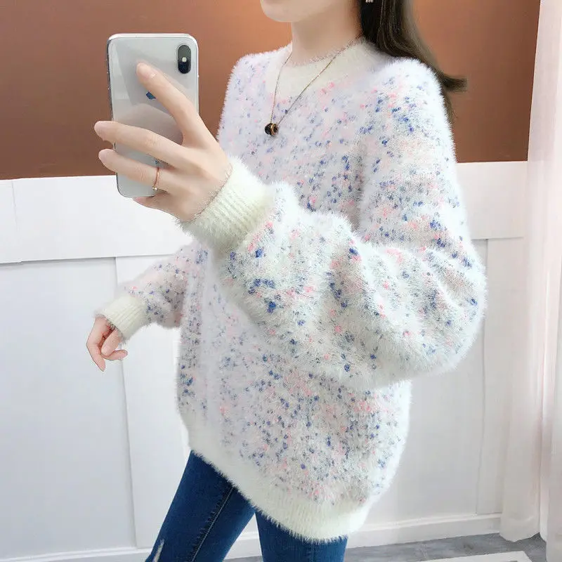 2023 New Furry Imitation Mink Sweater White Women's Pullover Autumn Winter Soft Sweaters Long-sleeved Tops Fashion Streetwear