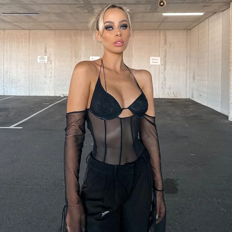 

Bandage Backless Patchwork Body Black Tops Sexy Mesh Halter Tops Women Autumn Fashion Low Cut See-through Long Sleeve T-shirts