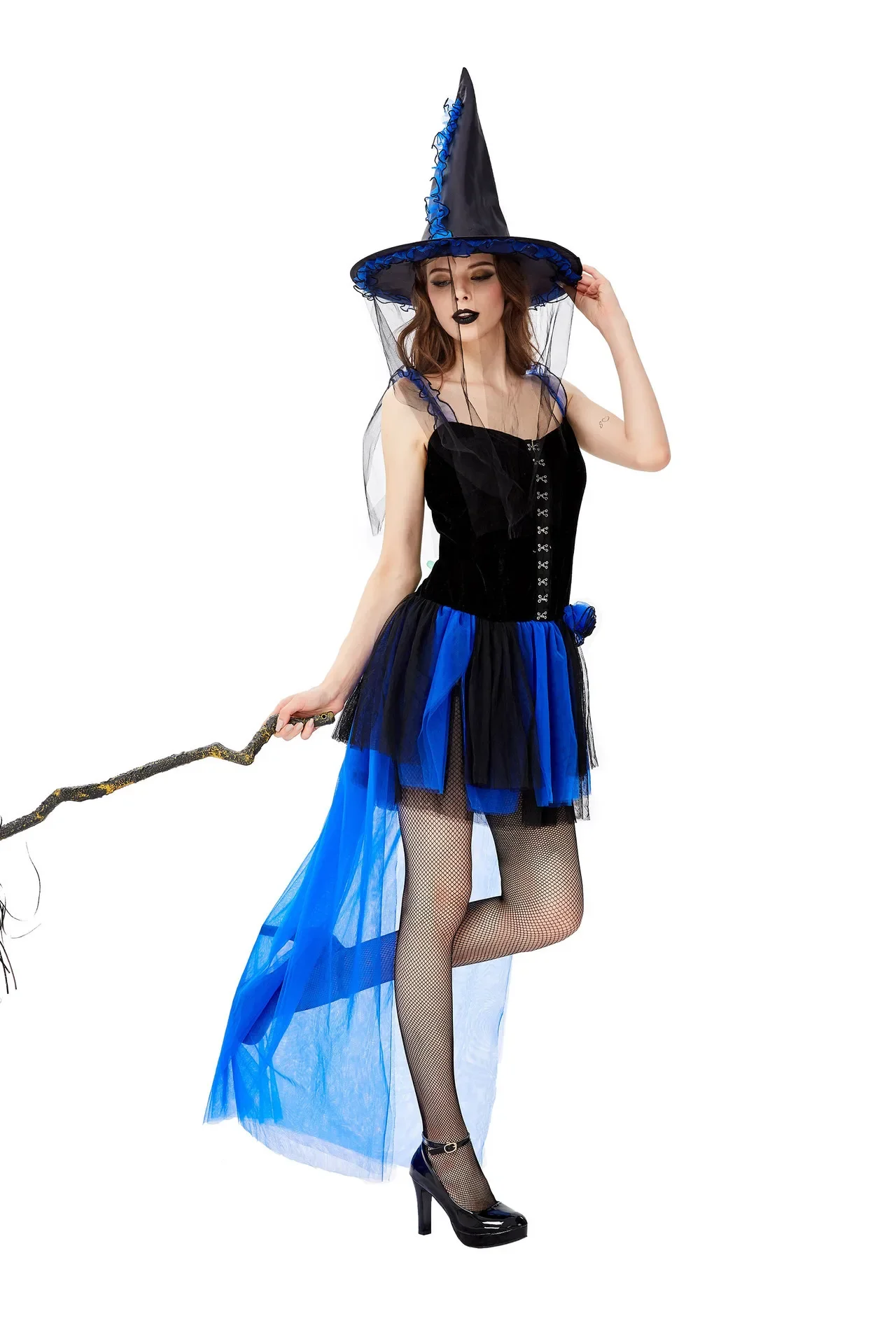 Costume de Sorcière en Maille pour Femme Adulte, Tenue de Carnaval d'Halloween, Orange et Bleu