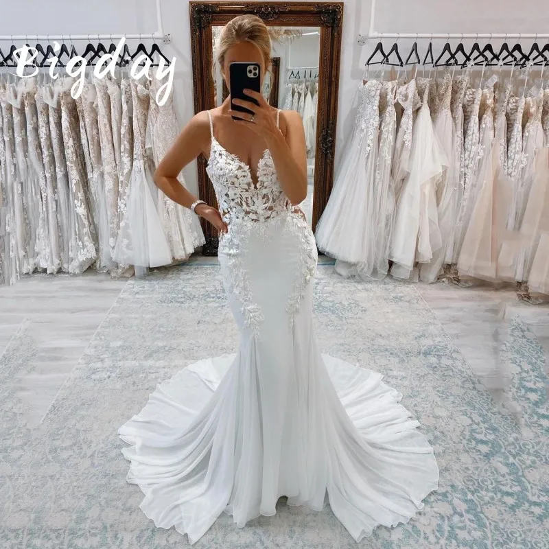 Elegant Mermaid Wedding Dress Women 2024 V-Neck White Open Back Lace Spaghetti Straps Bridal Gown Sweep Train Vestidos De Noiva