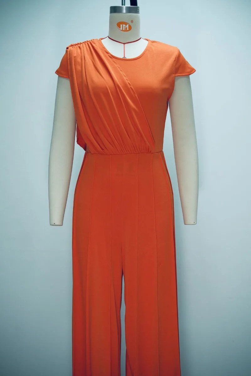 2026 Afrikanischer Damen-Jumpsuit in Orange, elegant, V-Ausschnitt, geraffte Schulterpartie, hohe Taille, vertikale Naht, weites Bein, Party-Langoverall – Detail 5