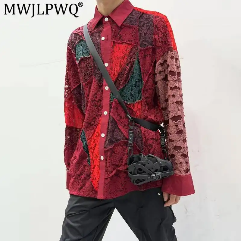 MWJLPWQ Vintage Patchwork Lace Embroidered Shirt For Men Loose-Fitting Street Style Nihced Outfit Long Sleeve Lapel Tops 17380