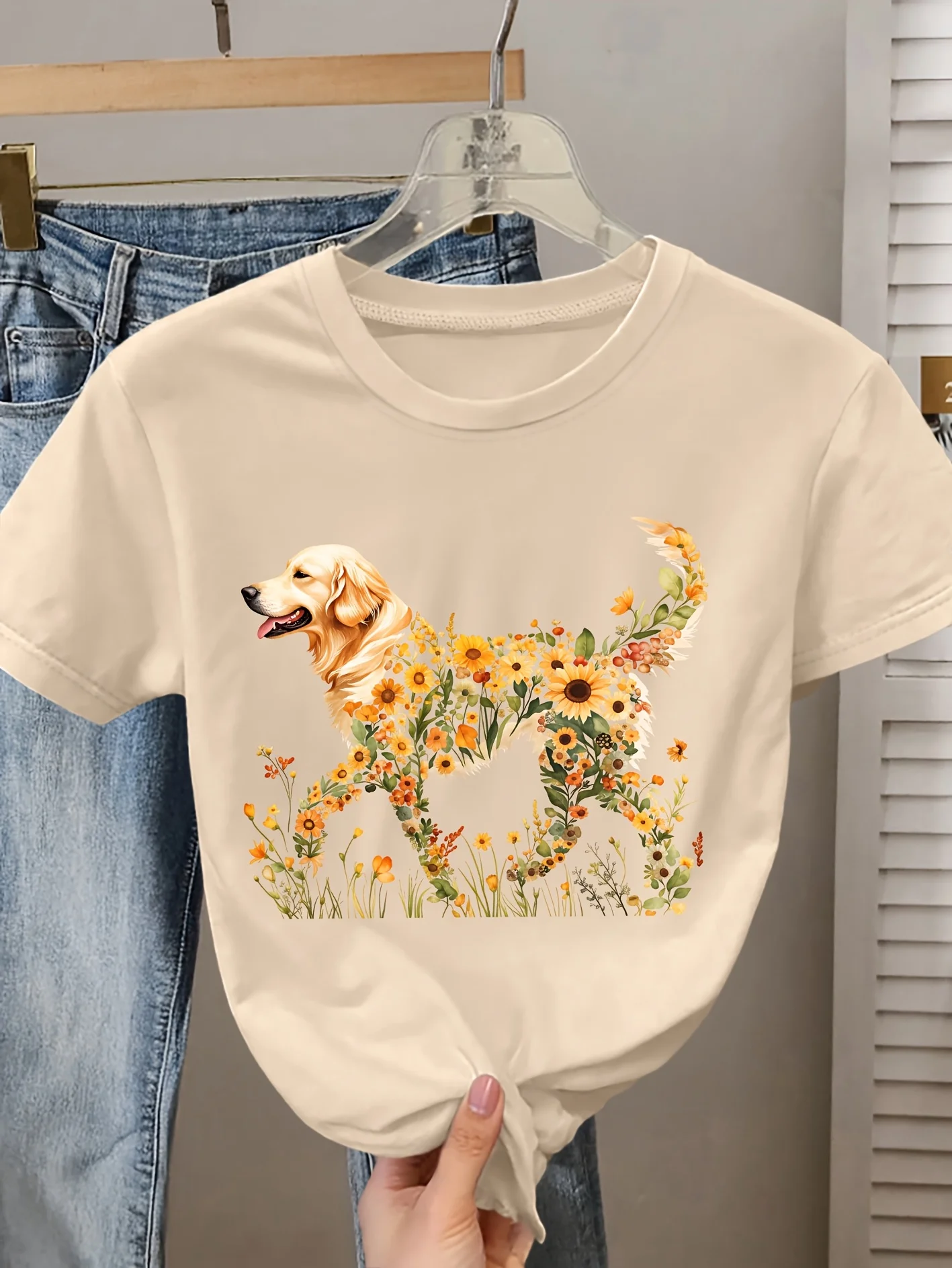 Ladies' Elegant Short sleeved Sunflower Flower Golden Retriever Dog Printed Round Neck T-shirt for Vacation Daily Casual Top