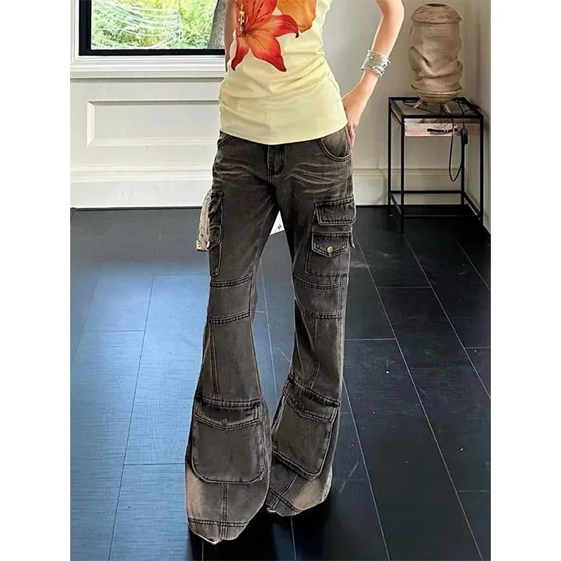 

Женские винтажные черные серые джинсы-карго, уличная одежда с Mutil Pockets, гранж Kpop 2000-х годов, американские джинсовые брюки в стиле ретро, брюки Y2k Harajuku