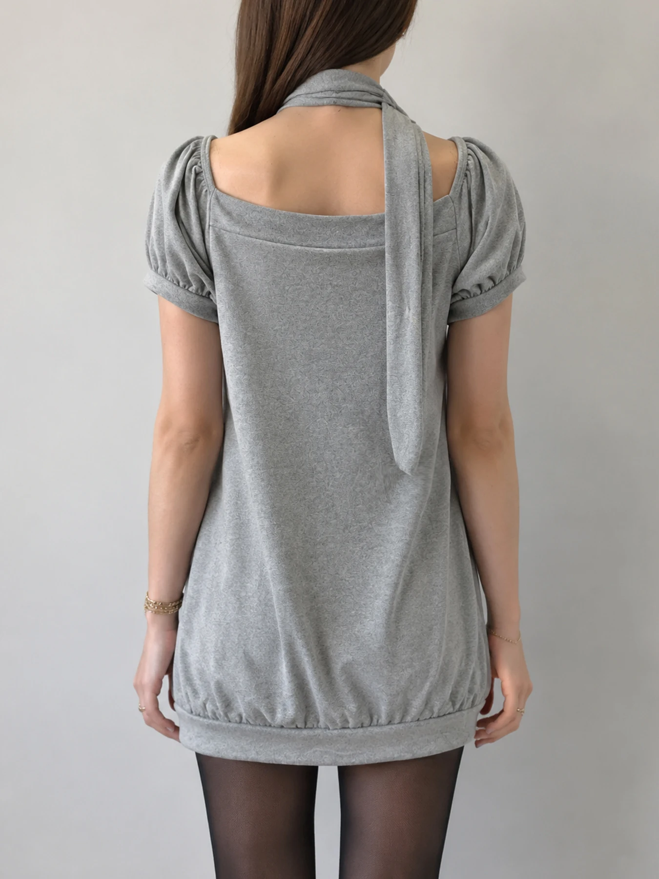 Y2K Soft Girl Long Line Shirt Square Off Shoulder Puff Sleeve Bow Decor Pleated Elastic Bubble Hem Grey Casual Long Tunic Blouse