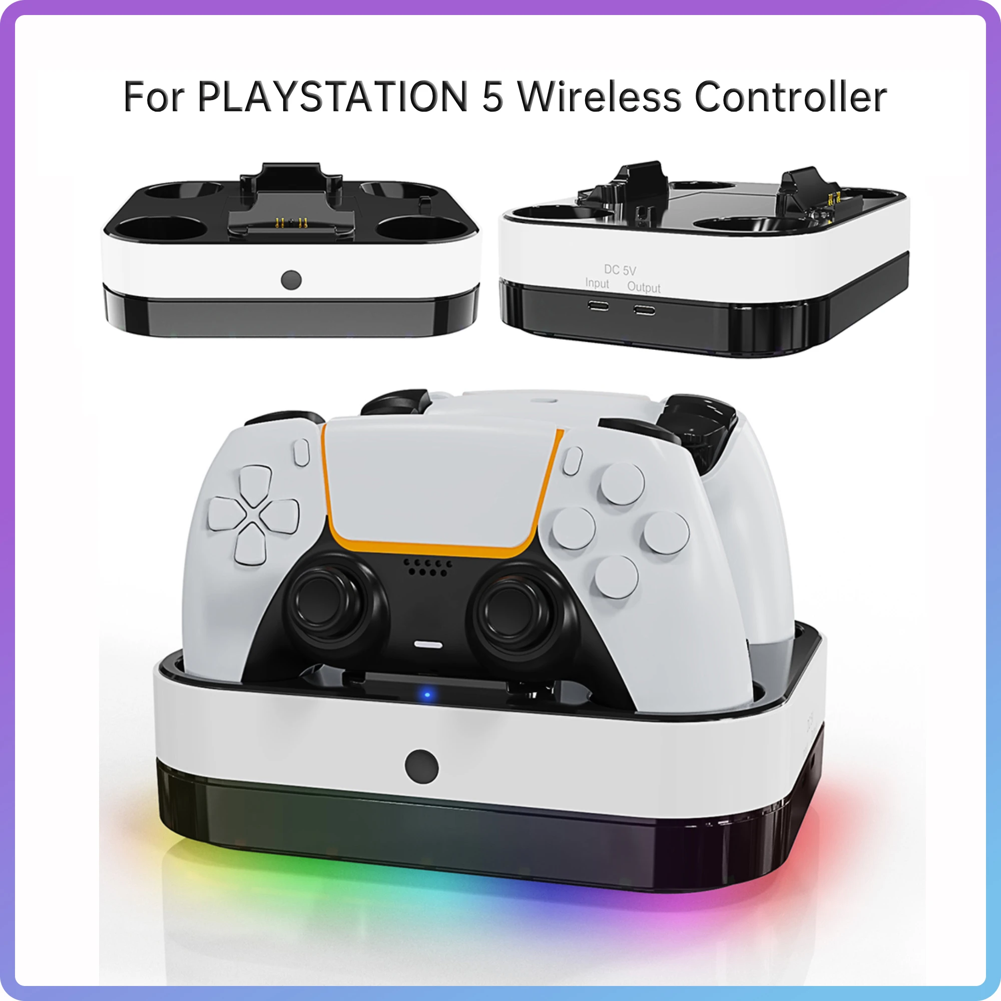 For PS5 Charger Station Dock RGB Backlight Dual Controller Fast Charging Cradle Dock for PlayStation 5 Wireless Gaming Accessory