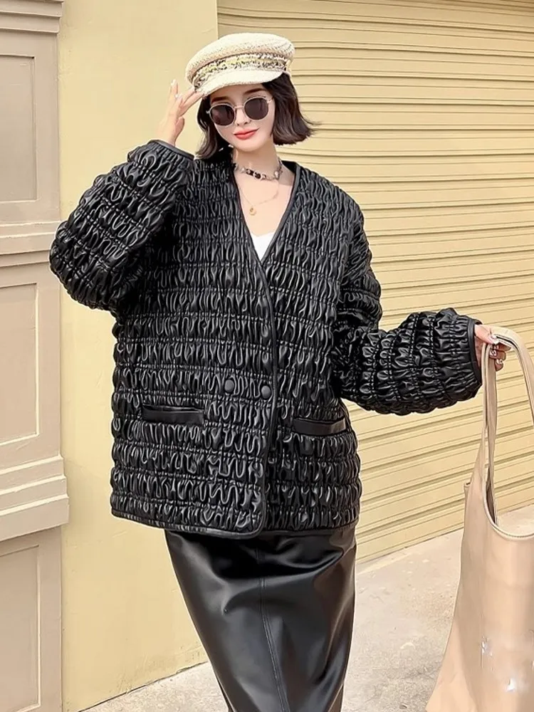 Vintage المرأة الخريف مطوي جلد الغنم سترة جلدية حقيقية الخامس الرقبة مزدوجة الصدر معطف الموضة فضفاضة تناسب عالية الشارع جاكيتات