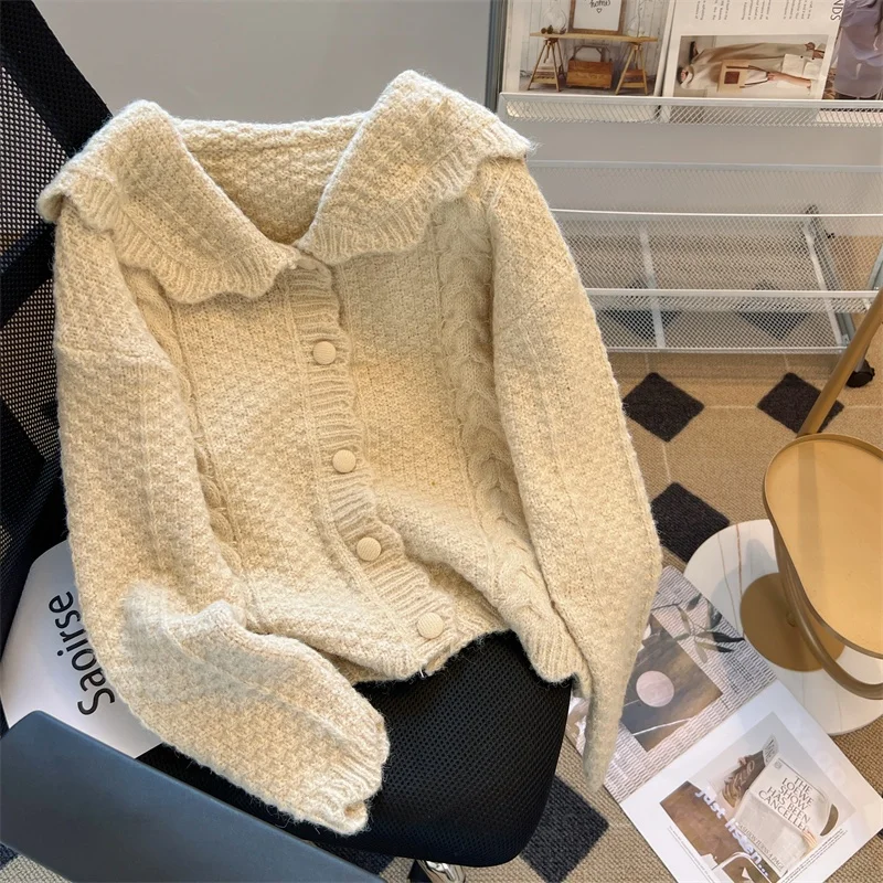 

Sweet Soft Lazy Style Doll Collar Knitted Open Cardigan Navy Collar Sweater Jacket Women's Fashion Handbag Store Korean Version