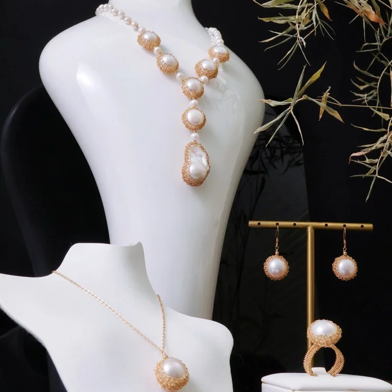 

SGARIT Jewelry Set Natural Baroque Pearl 14k Filled Gold Necklace Ring Earrings Fashion Designer Jewelry Sets
